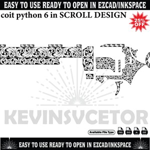 Peut inclure: Un motif de d&eacute;filement noir et blanc pour un coit python 6, avec le texte "EASY TO USE READY TO OPEN IN EZCAD/INKSPACE". Le design est disponible en formats PNG, SVG, AI et DXF. Une promotion de 25 % est affich&eacute;e.