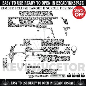 Puede incluir: Elementos de diseño de desplazamiento en blanco y negro para Kimber Eclipse Target II, con el texto "EASY TO USE READY TO OPEN IN EZCAD/INKSPACE". Incluye una promoción del 25% de descuento e iconos de tipo de archivo.