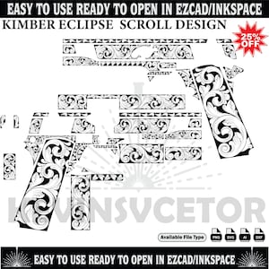 Puede incluir: Diseño de voluta Kimber Eclipse en blanco y negro, listo para usar en EZCAD/Inkspace. El diseño presenta intrincados patrones florales y está disponible en formatos de archivo PNG, SVG, AI y DXF. La imagen incluye el texto "EASY TO USE READY TO OPEN IN EZCAD/INKSPACE" y "KIMBER ECLIPSE SCROLL DESIGN".