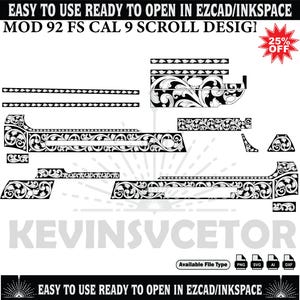 May include: Black and white scroll design elements for laser engraving, featuring the text "MOD 92 FS CAL 9 SCROLL DESIGN" and "KEVINSUCETOR". Includes various file types like PNG, SVG, AI, and DXF. The design is ready to use in EZCAD/INKSPACE.