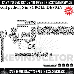 Peut inclure: Un motif de volutes noir et blanc pour un Coit Python 6, pr&ecirc;t &agrave; l'emploi dans EZCAD/Inkspace. Le motif pr&eacute;sente des motifs floraux complexes et est disponible en formats de fichiers PNG, SVG, AI et DXF. L'image comprend le texte "25% OFF".