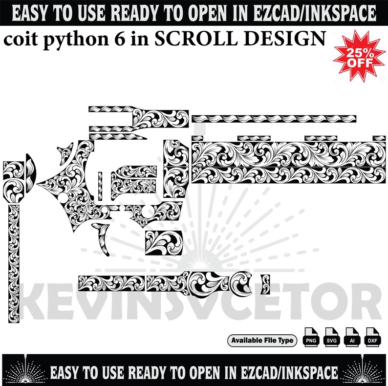 Peut inclure: Un motif de volutes noir et blanc pour un Coit Python 6, pr&ecirc;t &agrave; l'emploi dans EZCAD/Inkspace. Le motif pr&eacute;sente des motifs floraux complexes et est disponible en formats de fichiers PNG, SVG, AI et DXF. L'image comprend le texte "25% OFF".