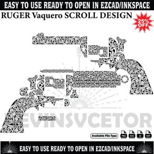 Puede incluir: Diseño de desplazamiento en blanco y negro para un Ruger Vaquero, con el texto "EASY TO USE READY TO OPEN IN EZCAD/INKSPACE" y "RUGER Vaquero SCROLL DESIGN". Incluye iconos de tipo de archivo y una estrella de descuento del 25%.
