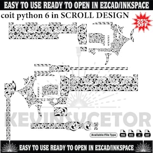 Puede incluir: Diseño de desplazamiento en blanco y negro para un coit python 6, con el texto "EASY TO USE READY TO OPEN IN EZCAD/INKSPACE". El diseño está disponible en formatos de archivo PNG, SVG, AI y DXF. También se muestra una promoción del 25%.