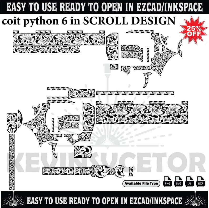 Peut inclure: Motif de d&eacute;filement noir et blanc pour un coit python 6, avec le texte "EASY TO USE READY TO OPEN IN EZCAD/INKSPACE". Le motif est disponible en formats PNG, SVG, AI et DXF. Une promotion de 25 % est &eacute;galement affich&eacute;e.