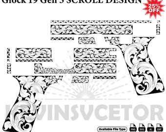 Glock 19 Gen 3 SCROLL DESIGN  SVG: Laser Cut/Engrave Files