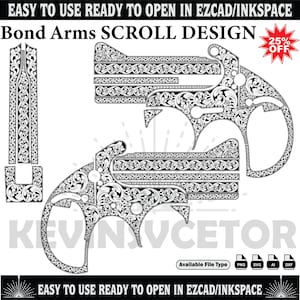 May include: Black and white scroll design for Bond Arms. The image includes the text "Bond Arms SCROLL DESIGN" and "EASY TO USE READY TO OPEN IN EZCAD/INKSPACE". Available file types are PNG, SVG, AI, and DXF. A 25% off promotion is also displayed.