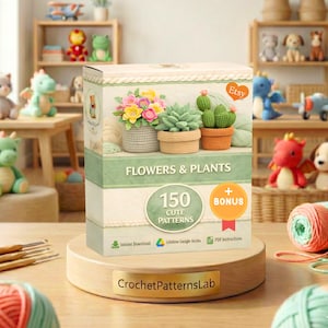 May include: A box featuring crochet flower and plant patterns, including a variety of colorful flowers and cacti in small pots. The box reads "FLOWERS & PLANTS" and "150 CUTE PATTERNS". The Etsy logo is visible. The text "CrochetPatternsLab" is also visible.