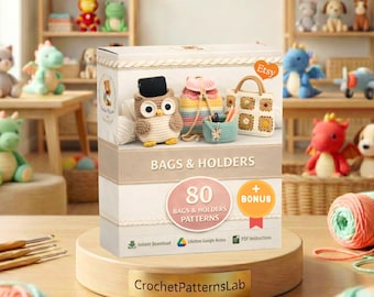 May include: A box set featuring crochet patterns for bags and holders. The box displays several crochet items, including an owl phone holder, a small backpack, a pencil holder, and a tote bag. The text on the box reads "BAGS & HOLDERS" and "80 BAGS & HOLDERS PATTERNS".