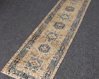 Vintage Handwoven Runner Rug, Wool Hallway Rug, Beige Blue Geometric Carpet