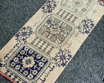 Tappeto da corridoio turco vintage - Lana intrecciata a mano, motivo a pannelli geometrici, blu e crema