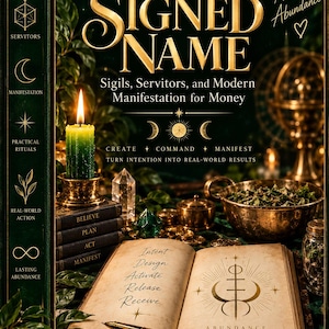 May include: A book titled The Prosperity Grimoires Volume Four The Signed Name with a dark green cover, gold text, and a lit green candle. The open pages display the words Intent, Design, Activate, Release, Receive and a gold sigil labeled Abundance.