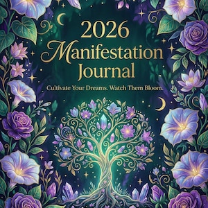 Puede incluir: Un diario de manifestación de 2026 con un diseño floral. La portada presenta un árbol con cristales, rodeado de rosas moradas, campanillas y otras flores. También se incluye el texto "Cultiva tus sueños. Míralos florecer".