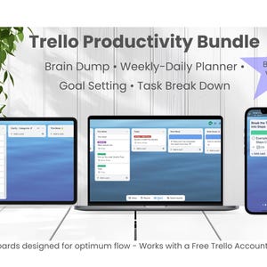 May include: Image of a Trello Productivity Bundle, featuring a tablet, laptop, and smartphone displaying Trello boards. The bundle includes Brain Dump, Weekly-Daily Planner, Goal Setting, and Task Break Down features. A purple star graphic indicates bundle value.