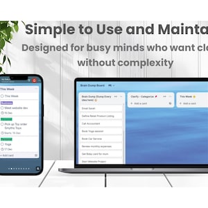 May include: A smartphone and laptop displaying a digital task management system. The phone shows a to-do list with business and personal tasks. The laptop screen features a blue background with task categories. Text reads "Simple to Use and Maintain."