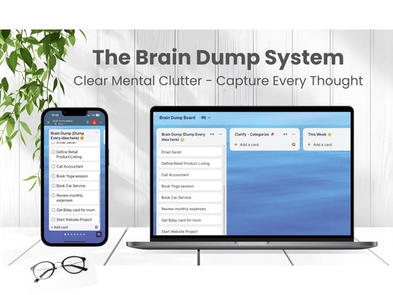 Brain Dump Trello Board | Digital Productivity System | Capture Ideas & Clear Mental Clutter| Reduce Overwhelm