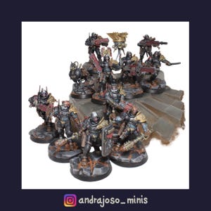 May include: A collection of ten hand-painted miniature soldier figurines in dark armor with gold accents, each holding various weapons including rifles and shields. The figures are mounted on individual rocky bases with orange lava-like details.