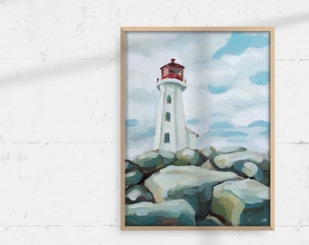Original lighthouse painting, lighthouse on the rocks artwork, nautical art, 9" x 12" canvas panel painting, original seascape art