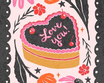Impresión artística "Te amo" / Ilustración de pastel floral retro / Arte de Galentine / Postal de San Valentín
