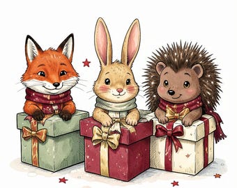 Può includere: Un'illustrazione di una volpe, un coniglio e un riccio, ognuno con una sciarpa e che spunta da una scatola regalo. La volpe è in una scatola verde, il coniglio in una rossa e il riccio in una bianca, tutti decorati con nastri e fiocchi.