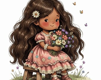 Può includere: Un'illustrazione a cartoni animati di una bambina con lunghi capelli castani ondulati e una margherita tra i capelli, che indossa un vestito rosa a fiori con pizzo, seduta su uno sgabello di legno mentre tiene un mazzo di fiori.