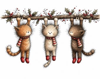 Può includere: Tre gattini soffici con sciarpe a righe bianche e rosse e stivaletti rossi sono appesi a un ramo spesso decorato con foglie di agrifoglio verdi e bacche rosse. I gattini sono di colore arancione, crema e marrone con code lunghe.
