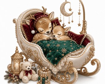 Può includere: Due cerbiatti addormentati riposano in una slitta decorata color crema e oro con una coperta trapuntata verde scuro con fiocchi di neve dorati. Una giostrina a forma di mezzaluna dorata pende sopra, accanto a un orsacchiotto e regali.