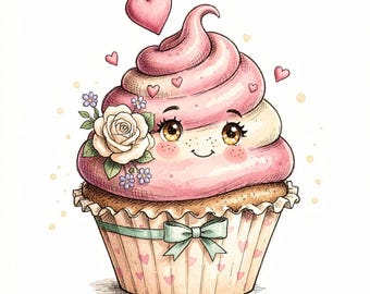 Può includere: Un'illustrazione di un cupcake con glassa rosa a spirale, un volto sorridente, grandi occhi marroni e lentiggini. Il cupcake è decorato con una rosa bianca, piccoli fiori viola, un fiocco di nastro verde chiaro e cuori rosa.