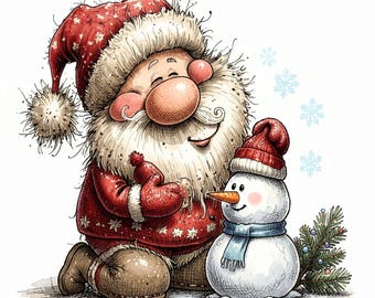 May include: A cartoon illustration of a smiling Santa Claus with a large white beard, wearing a red hat and coat with white fur trim, kneeling beside a small snowman wearing a red knit hat and a blue scarf, with pine branches nearby.