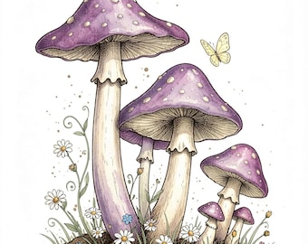 Può includere: Un'illustrazione ad acquerello raffigurante cinque funghi viola con macchie bianche sui cappelli, accompagnati da piccoli fiori di margherita bianchi, steli verdi e una farfalla gialla vicino al fungo più grande.