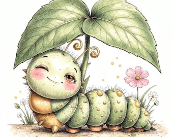 Può includere: Un bruco verde e arancione con un volto sorridente e guance rosa, posizionato sotto una grande foglia verde. Il bruco ha un corpo segmentato con piccole spine ed è circondato da un piccolo fiore rosa e da piccole margherite bianche.