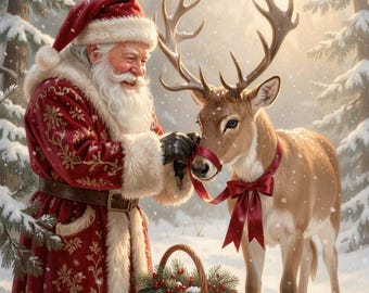 May include: Santa Claus with a white beard wearing a red coat with gold floral patterns and a white fur trim, standing next to a brown reindeer with large antlers wearing a red ribbon bow around its neck, near a wicker basket of greenery.