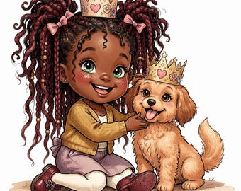 Può includere: Un'illustrazione a cartoni animati di un bambino con lunghi capelli scuri intrecciati, che indossa un cardigan giallo, una gonna viola e una corona dorata, seduto accanto a un cucciolo marrone chiaro con una corona dorata abbinata.