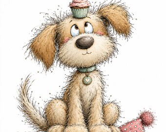 Può includere: Un cane beige dal pelo arruffato con un collare azzurro e una medaglietta a forma di cuore guarda in alto verso un cupcake con glassa rosa in equilibrio sulla testa. Un cappellino da festa rosa a pois con pon-pon è a terra.