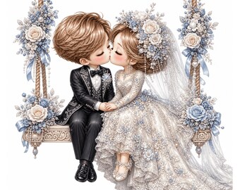 Può includere: Un'illustrazione di una coppia di sposi seduti su un'altalena floreale. Lo sposo indossa uno smoking nero con papillon. La sposa indossa un abito in pizzo bianco con velo e ornamento floreale. L'altalena è decorata con rose blu, bianche e perle.