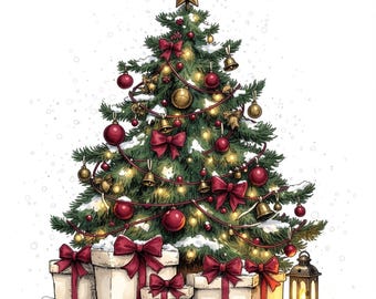 Può includere: Un albero di Natale decorato con una stella dorata in cima, palline rosse, campanelle dorate e luci. Sotto l'albero ci sono diverse scatole regalo bianche avvolte da nastri rossi, accompagnate da una piccola lanterna con una luce accesa.