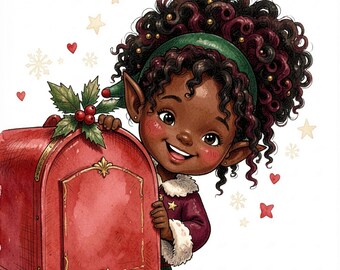 Può includere: Un elfo sorridente con capelli scuri ricci e orecchie a punta sbuca da dietro una grande cassetta delle lettere rossa. La cassetta è decorata con un rametto di agrifoglio verde e bacche rosse. La scena include cuori, stelle e fiocchi di neve.
