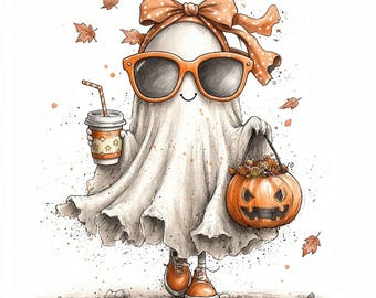 Può includere: Un personaggio fantasma bianco che indossa occhiali da sole arancioni e una fascia con fiocco arancione a pois. Il fantasma tiene in una mano un bicchiere di caffè con cannuccia e nell'altra un secchiello a forma di zucca intagliata, con scarpe da ginnastica arancioni.
