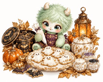 Può includere: Una creatura soffice verde chiaro con corna decora biscotti a forma di fantasma su un vassoio bianco. La scena include una scatola nera con motivi di pipistrelli, zucche arancioni, una lanterna dorata e ciotole floreali con glassa colorata.