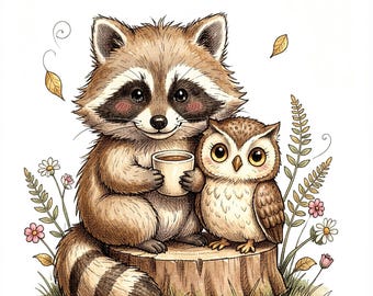 Può includere: Un'illustrazione ad acquerello di un procione marrone che tiene una tazza beige e un piccolo gufo marrone seduti insieme su un ceppo d'albero. La scena è circondata da fiori selvatici colorati, fogliame verde e foglie autunnali.