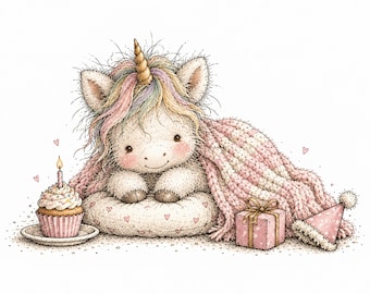 Può includere: Un soffice unicorno bianco con criniera arcobaleno e corno dorato riposa su un cuscino a cuori, coperto da una coperta in maglia rosa. Accanto si trovano un cupcake con una candela accesa, una scatola regalo e un cappellino da festa.