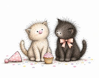 Può includere: Un gattino color crema soffice e un gattino nero soffice siedono fianco a fianco. Il gattino nero indossa un fiocco rosa e il gattino crema ha un naso rosa. Un cappellino da festa rosa a pois e un cupcake sono vicini con coriandoli colorati.