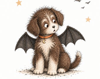 Può includere: Un'illustrazione di un cucciolo marrone e bianco con ali di pipistrello nere, un collare arancione con un ciondolo a forma di mezzaluna dorata, due stelle gialle e tre piccoli pipistrelli in volo su sfondo bianco.