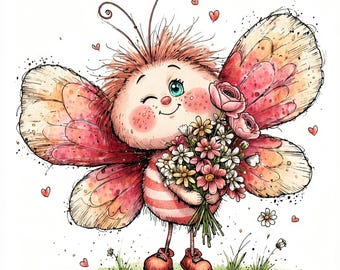 Può includere: Un'illustrazione a cartoni animati di una creatura pelosa che fa l'occhiolino, con grandi ali di farfalla rosa e arancioni, che tiene un bouquet di fiori rosa e bianchi. Il personaggio ha un corpo rotondo, antenne sottili, scarpe rosse e cuori.