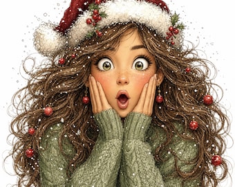 Può includere: Un'illustrazione di una persona con lunghi capelli castani ondulati che indossa un maglione a trecce verde e un cappello da Babbo Natale rosso con bordo bianco. La persona ha un'espressione sorpresa, mani sulle guance e decorazioni rosse.