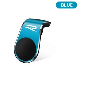 以下が含まれることがあります： 黒い円形の磁気領域を備えた青い車の電話マウント。マウントはシルバーのトリムと様式化された白いロゴが付いています。「BLUE」という単語は、青い丸みを帯びた長方形に白で書かれています。