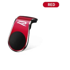 以下が含まれることがあります： 黒い円形の磁気部分を備えた赤い車の電話マウント。マウントはシルバーのトリムと白いロゴが付いています。「RED」という単語は、右上の赤い長方形の中にあります。