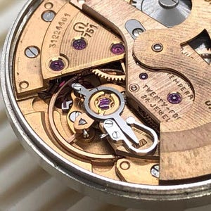 Puede incluir: Primer plano de un movimiento de reloj con intrincados engranajes y componentes. El mecanismo del reloj presenta placas doradas, rub&iacute;es y el texto "OMEGA WATCH CO SWISS". El reloj tiene el texto "TWENTY-FOUR 24 JEWEL".