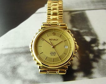 01 NOS Vintage Swiss BOVALY 35mm Gold-Plated Sapphire Quartz Men's Dress Watch