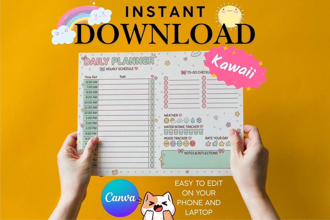 Kawaii Daily Planner Printable, Cute Hourly Schedule Template, Pastel ...